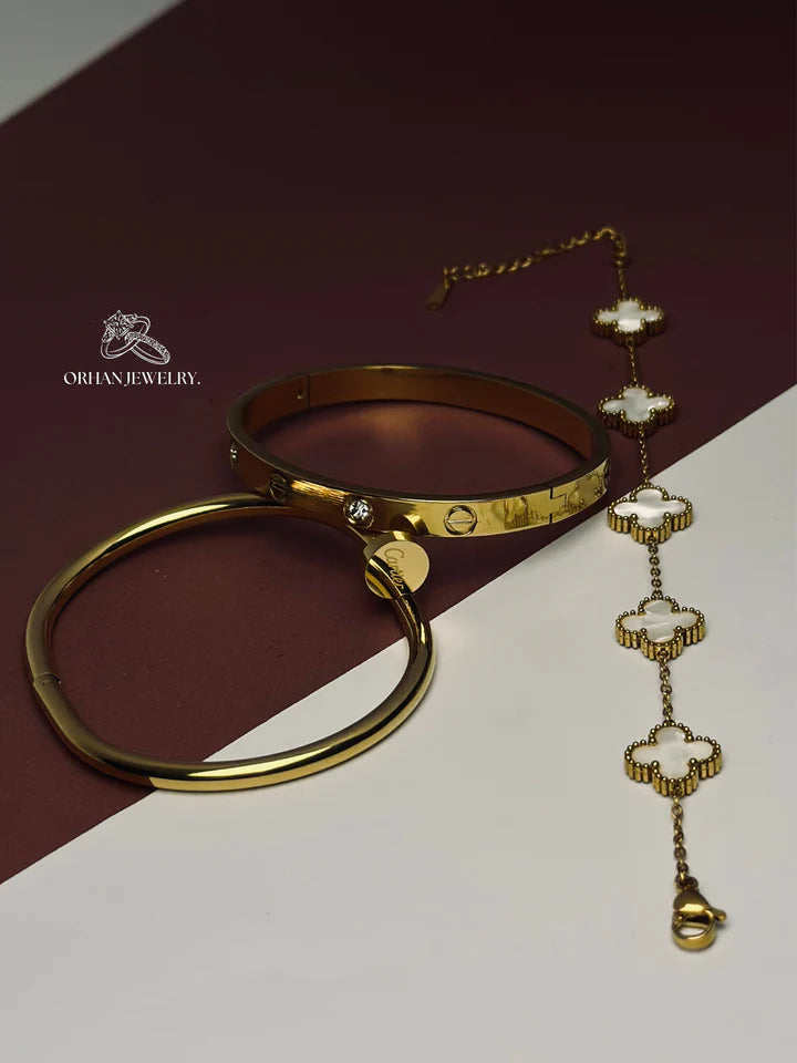 Cartier Nail and love bangle with white clover bracelet