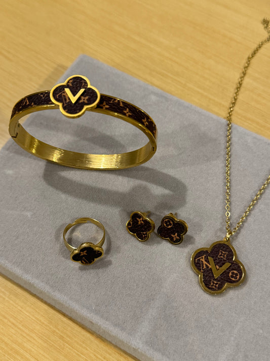 LV inspired clover charm set in gold and brown