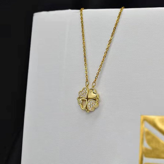 Magnetic folding heart-shaped four-leaf necklace